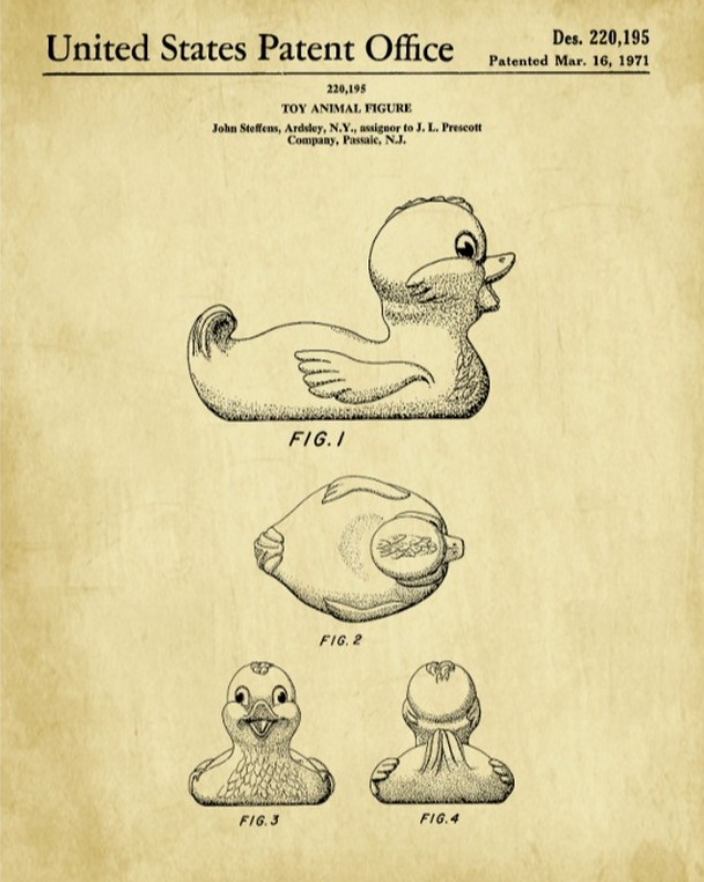 Patent drawing of a rubber duck toy, dated 1871. Depicts side, top, front, and back views of the duck.