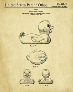 Patent drawing of a rubber duck toy, front, top, and two end views.