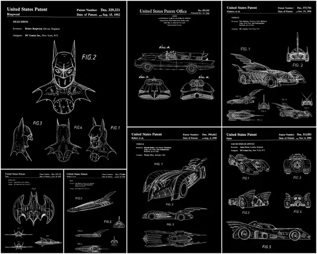 Patent diagrams of Batman and various Batmobile designs.