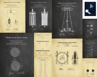 Collection of vintage patent drawings on a dark background, showcasing scientific and technological inventions.