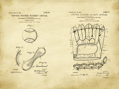 Patent illustrations of a baseball, bat, and glove on aged parchment.