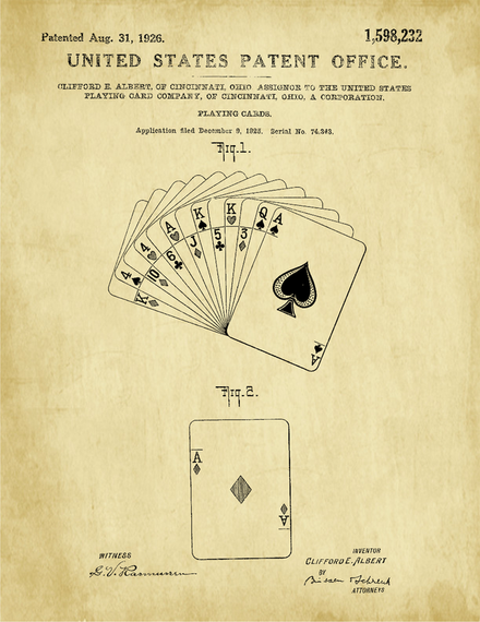US patent page showing a fan of playing cards with illustrated suit symbols