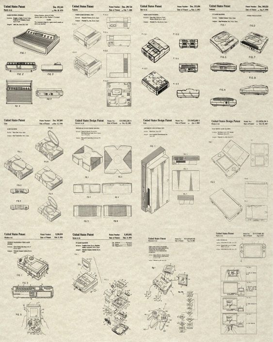 Diagram of various video game consoles and cartridges, illustrated with technical drawings.