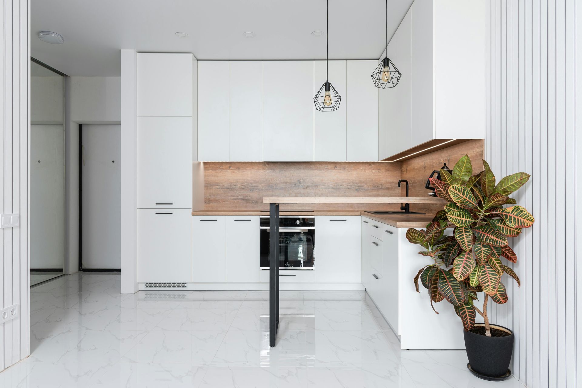 White modern kitchen with light wood accents and a potted plant.