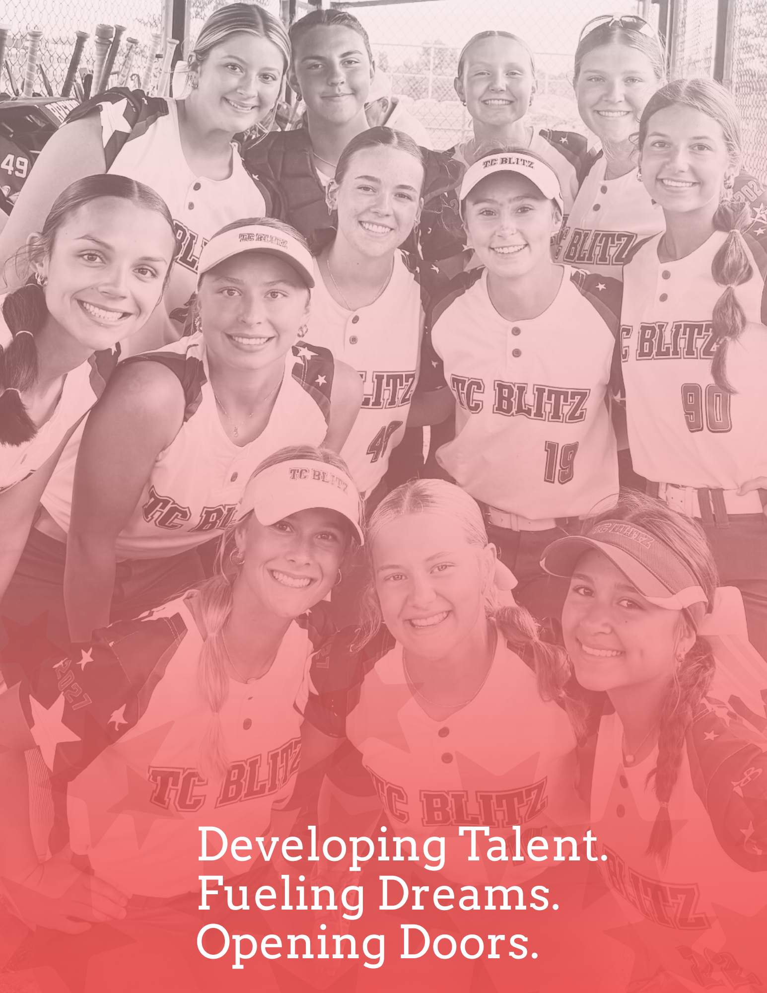 Smiling team group photo with pink overlay and text: “Developing Talent. Fueling Dreams. Opening Doors.”