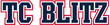 TC BLITZ logo in navy blue with red outline and white background