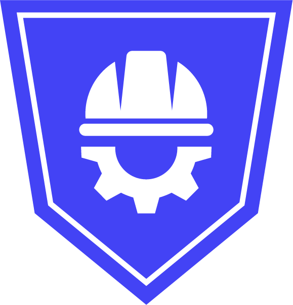 A blue shield with a white gear and a hard hat on it