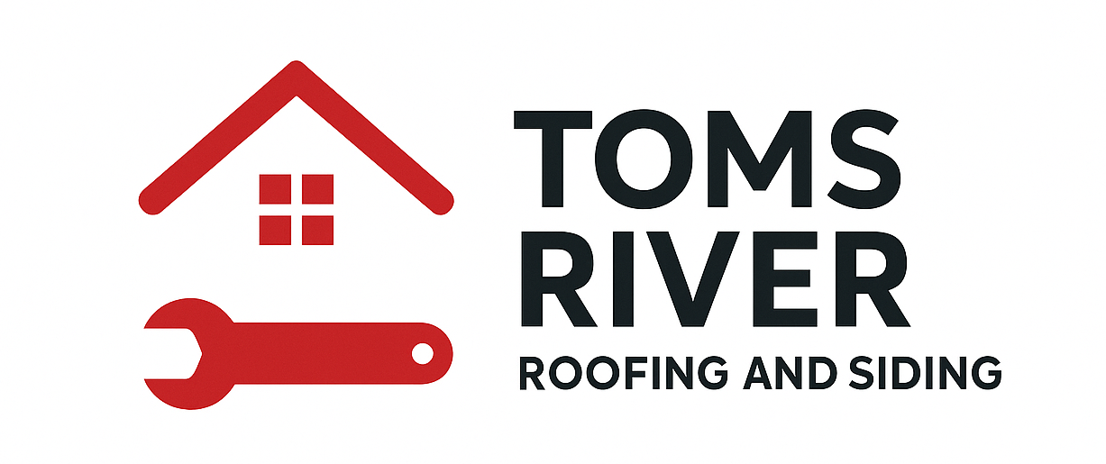 Logo for Toms River Roofing and Siding; red house with wrench, black text on white background.