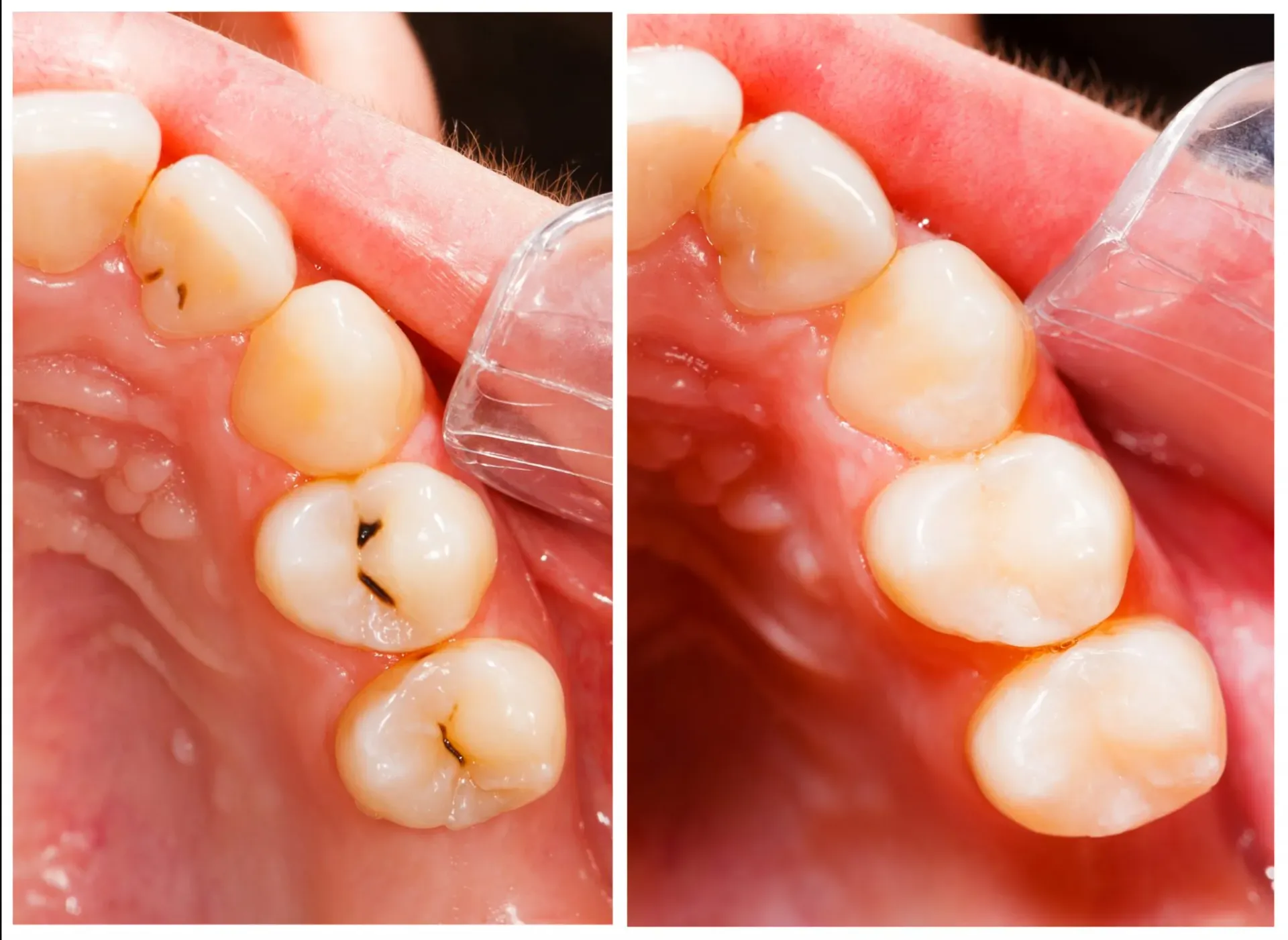 Tooth decay compared to invisible filling on teeth Tooth decay compared to invisible filling on teeth