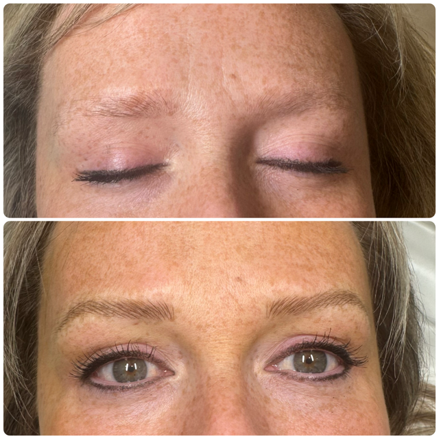 Before-and-after comparison showing cosmetic eyebrow enhancement and eyeliner application on a person.
