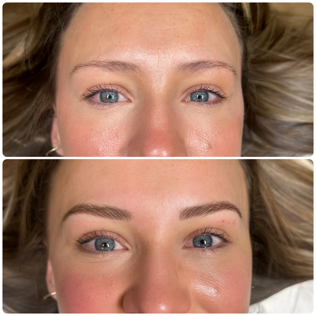 Before and after comparison of eyebrows, showing a transformation from sparse to filled-in and defined arches.