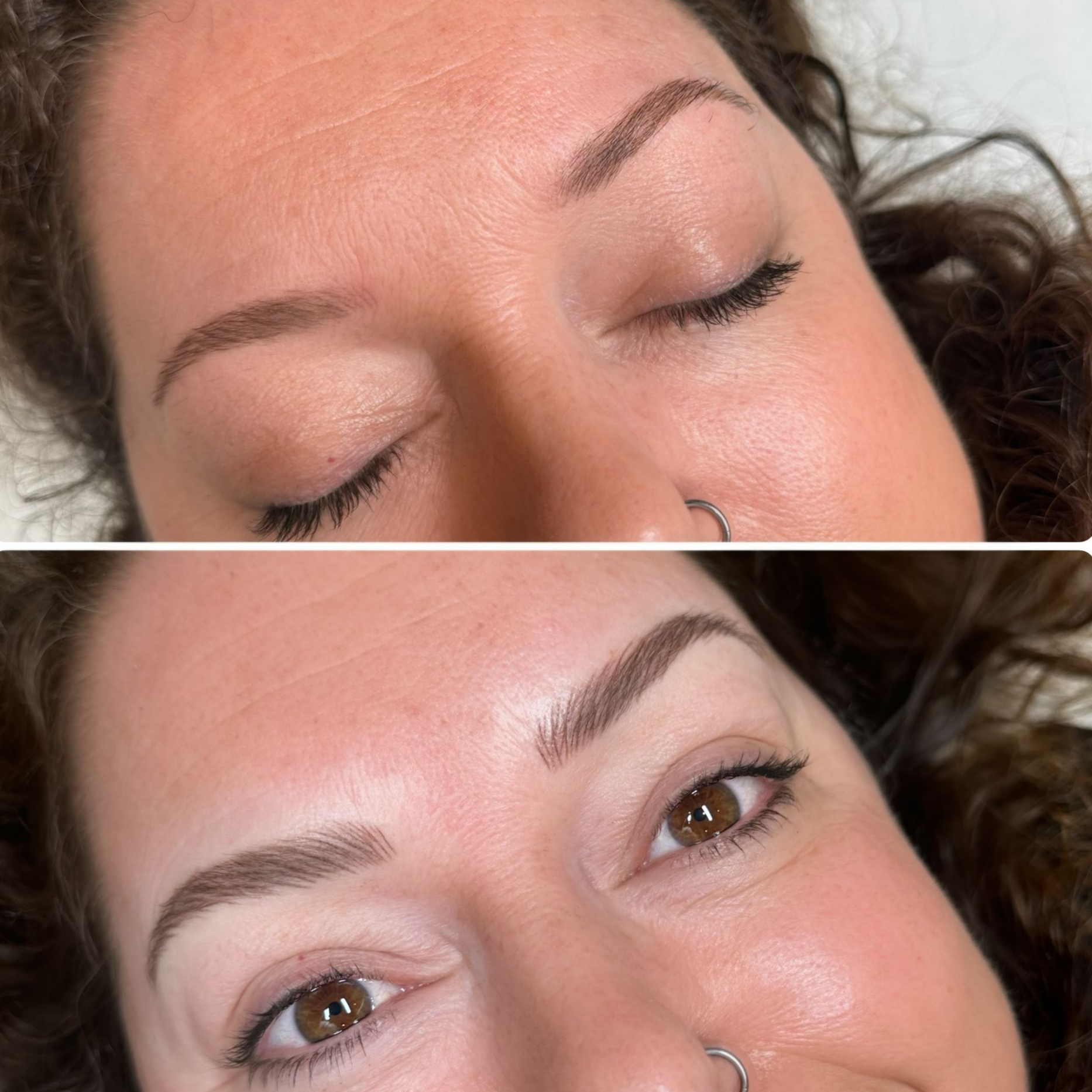 Woman before and after cosmetic enhancements: eyebrows, lip colour.