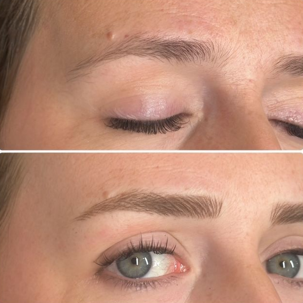 Before and after photos of eyebrow enhancements. Top: sparse brows. Bottom: fuller, shaped brows.