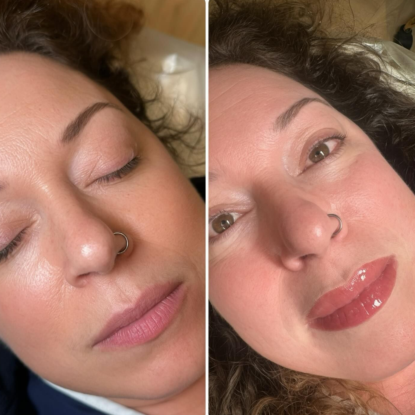 Two photos show a woman's face. Left: closed eyes, subtle makeup. Right: eyes open, lip gloss applied.