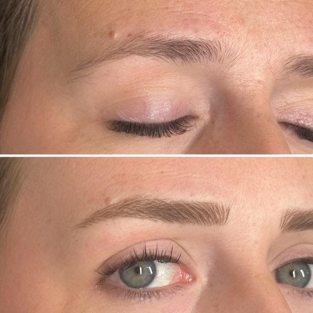 Top: Eyebrow before. Bottom: Eyebrow after. Light brown eyebrows, the after is shaped and filled, above a pale eye.