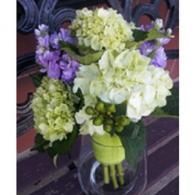 Bouquet of green and purple hydrangeas in a glass vase on a table