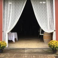 Open doorway with white curtains, wooden floor, and flower pots on each side leading into a dark interior