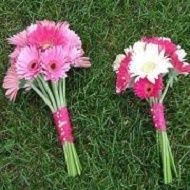 Two small pink-and-white flower bouquets on grass, tied with pink ribbon