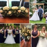 Wedding collage showing floral centerpiece and bridesmaids with bride and groom outdoors