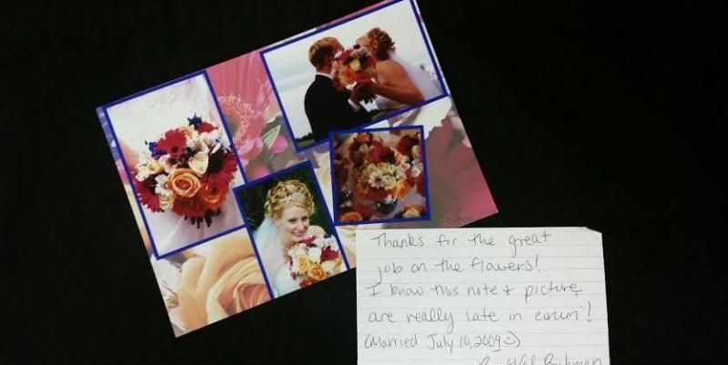 Collage of four dog photos beside a handwritten note on lined paper