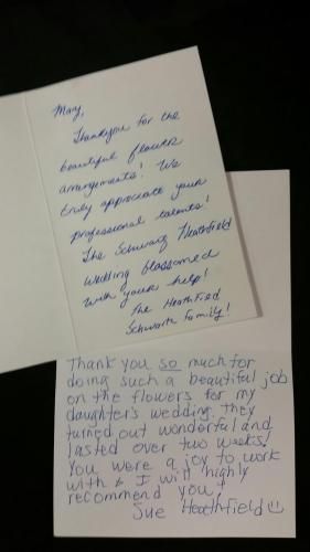 Two handwritten notes on white paper, one blue ink and one pencil, stacked on a dark surface.