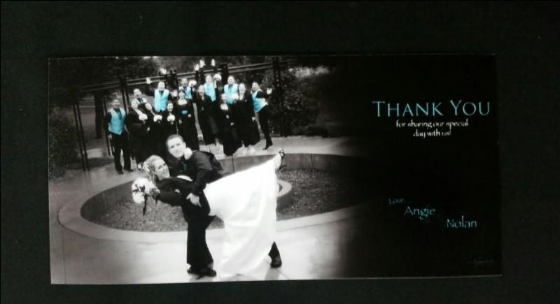 Black-and-white wedding thank-you card with bride and groom dancing, guests in the background, and “Thank You” text.