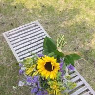 Sunflower bouquet on a white slatted chair in a grassy yard