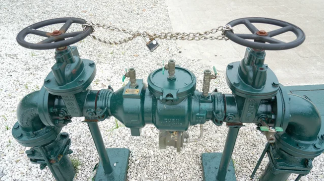 Sprinkler watering green lawn, near stone path, with flowering shrubs in the background. Green water meter with two valve wheels chained and padlocked.