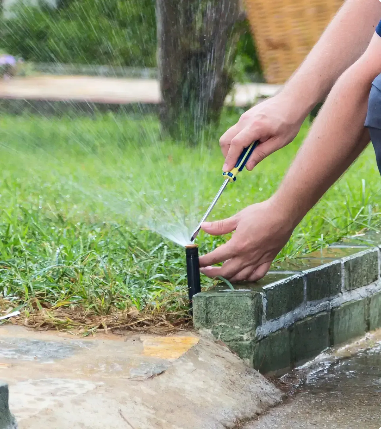 Person adjusting a sprinkler head with a screwdriver in a grassy yard. Water sprays around.