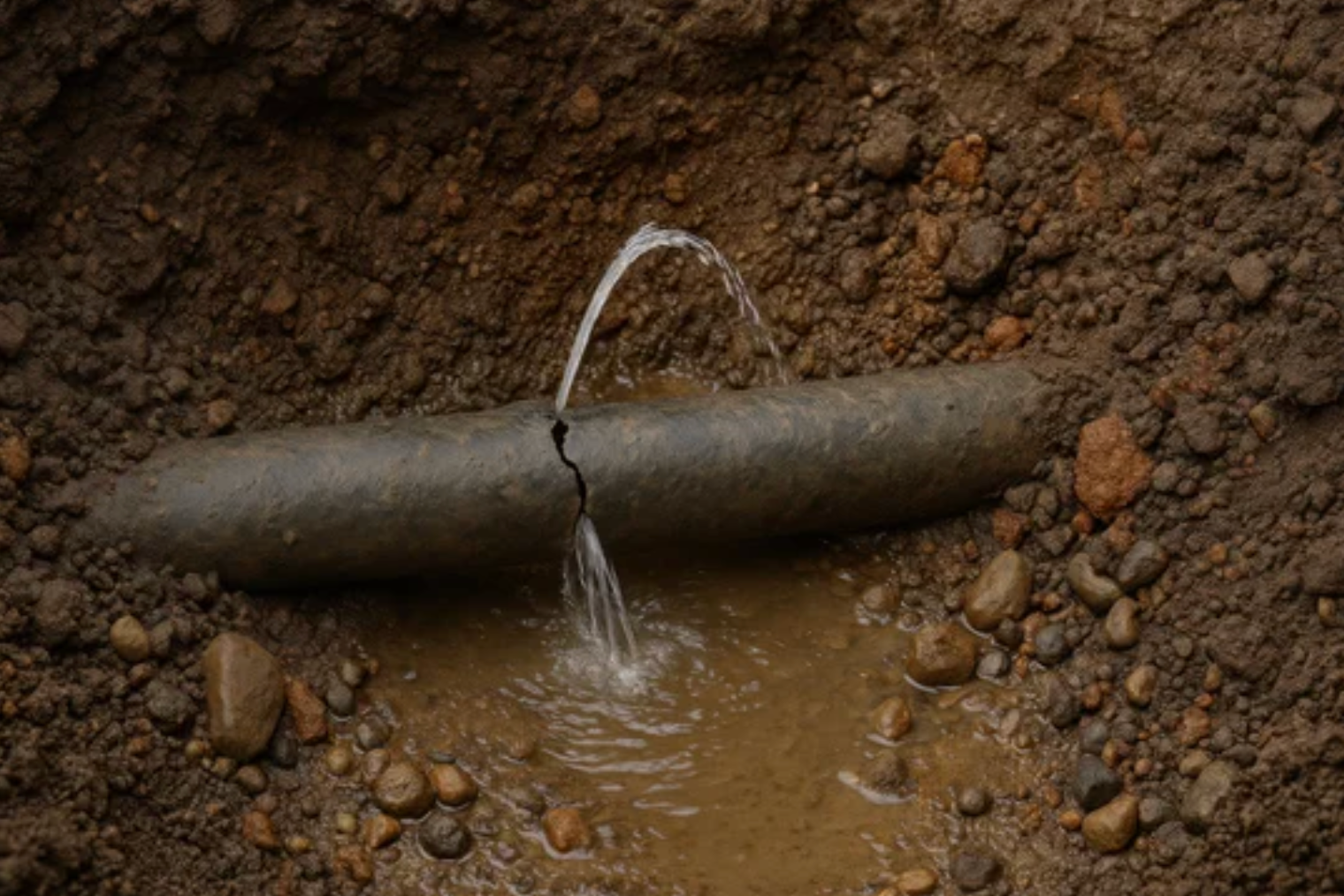 Sprinkler watering green lawn, near stone path, with flowering shrubs in the background. Green water meter with two valve wheels chained and padlocked.