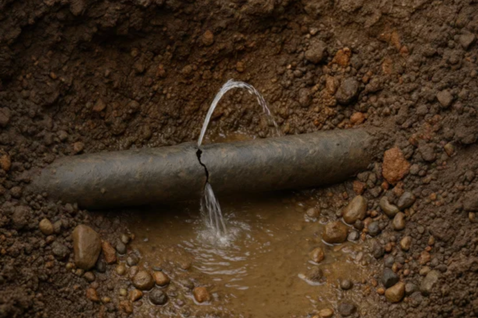 Water meter assembly with a pressure gauge and black pipes on a lawn. Water meter assembly with a pressure gauge and black pipes on a lawn.