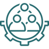Teal icon: Three people connected in a circle, set inside a gear; symbol of collaboration.