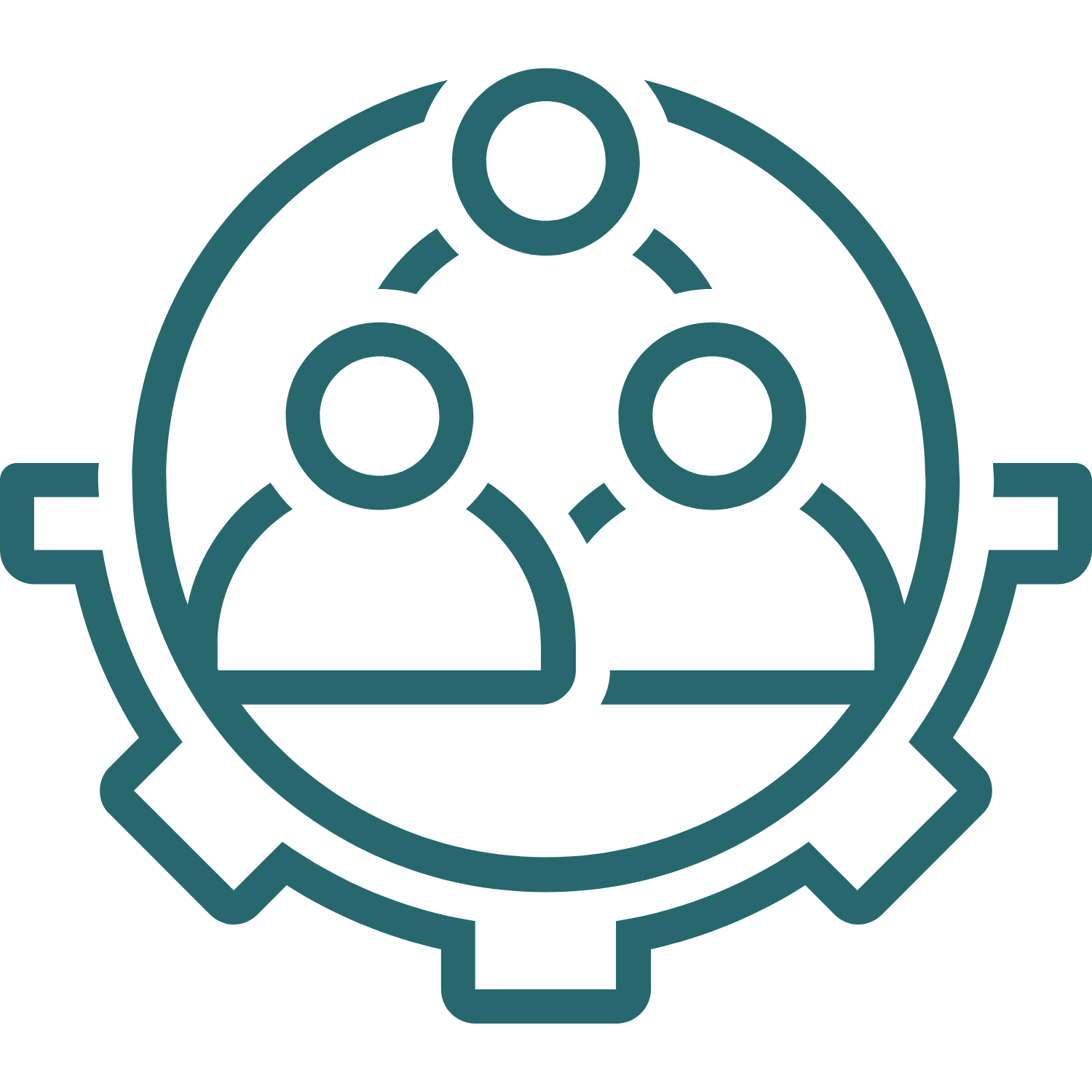Teal icon of three people connected within a gear, symbolizing teamwork and collaboration.