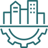 Teal icon of a city skyline above a gear, representing urban development and industry.