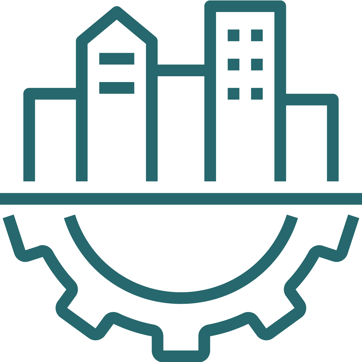 Teal icon depicting a cityscape with buildings above a gear. Represents urban development or infrastructure.