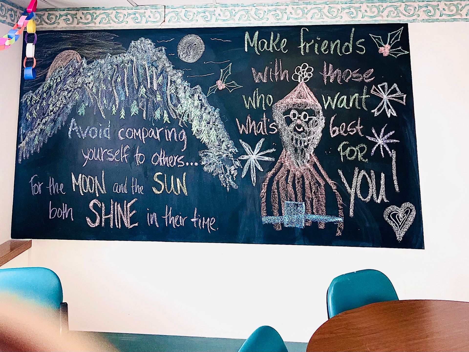 A chalkboard in the Colby Center