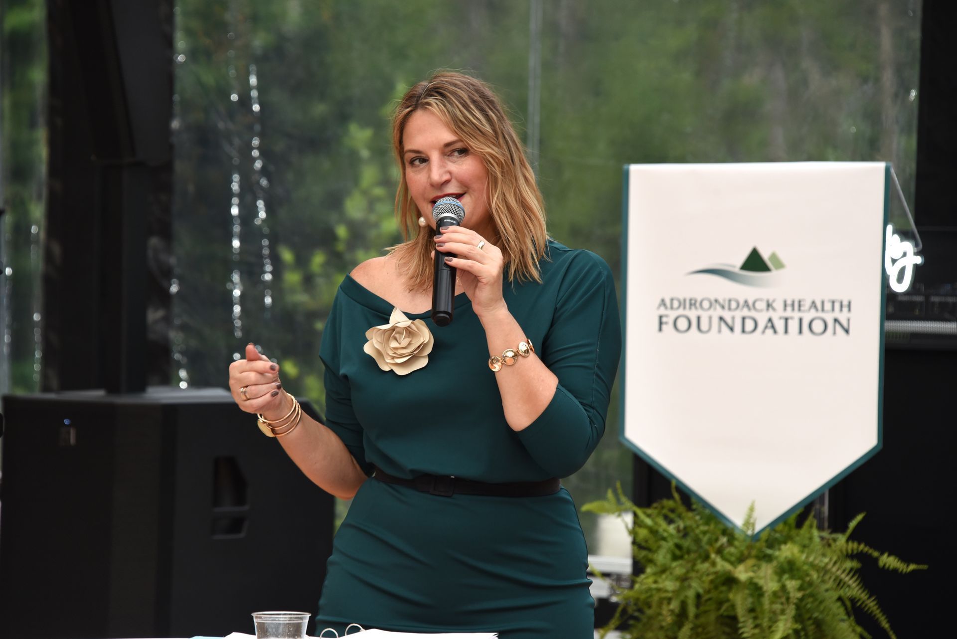 Woman in a green dress speaking into a microphone at an event for the Adirondack Health Foundation.