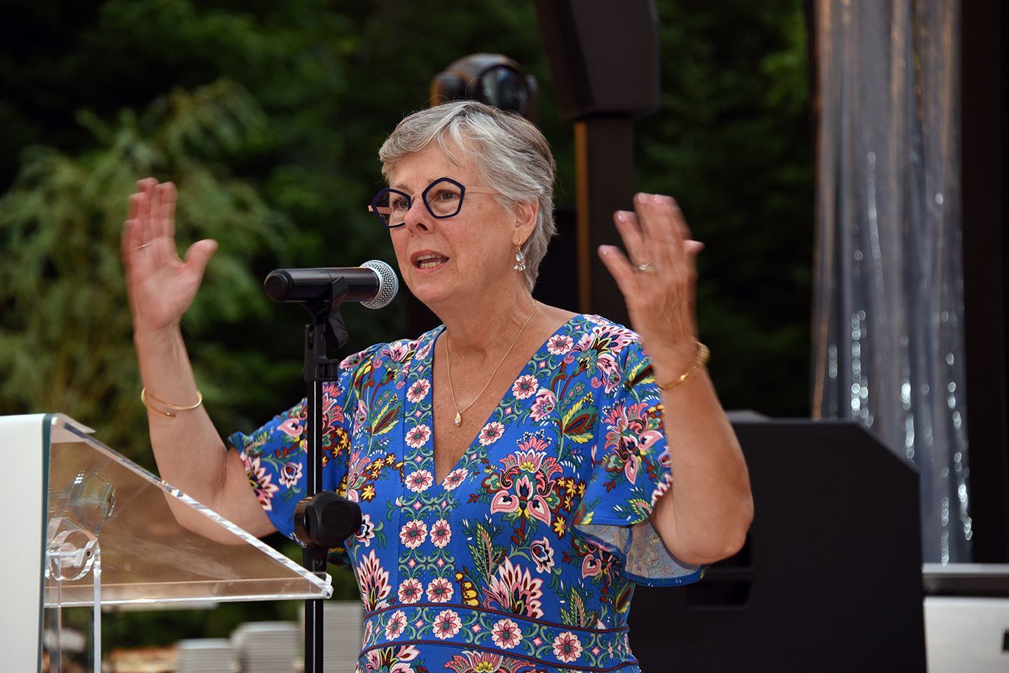 Woman with short gray hair speaks at a podium outdoors, gesturing with hands up. She wears a blue floral top and glasses.