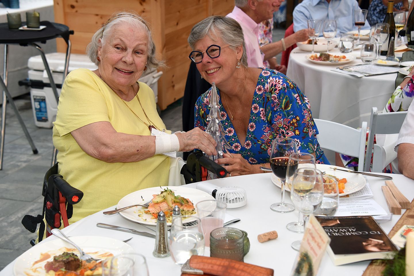Two women seated at a table at a formal event, one in a wheelchair, smiling and shaking hands.
