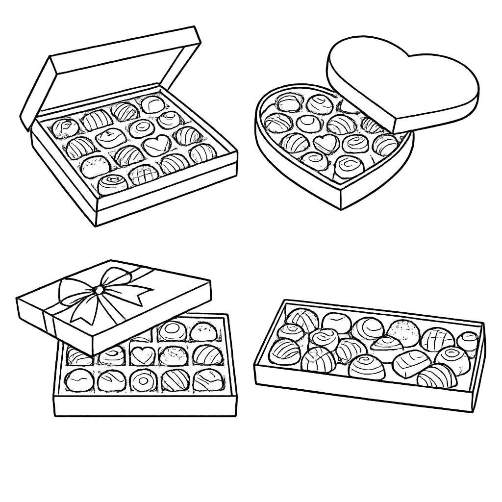 Four boxes of assorted chocolates. One is heart-shaped and the others are square or rectangular.