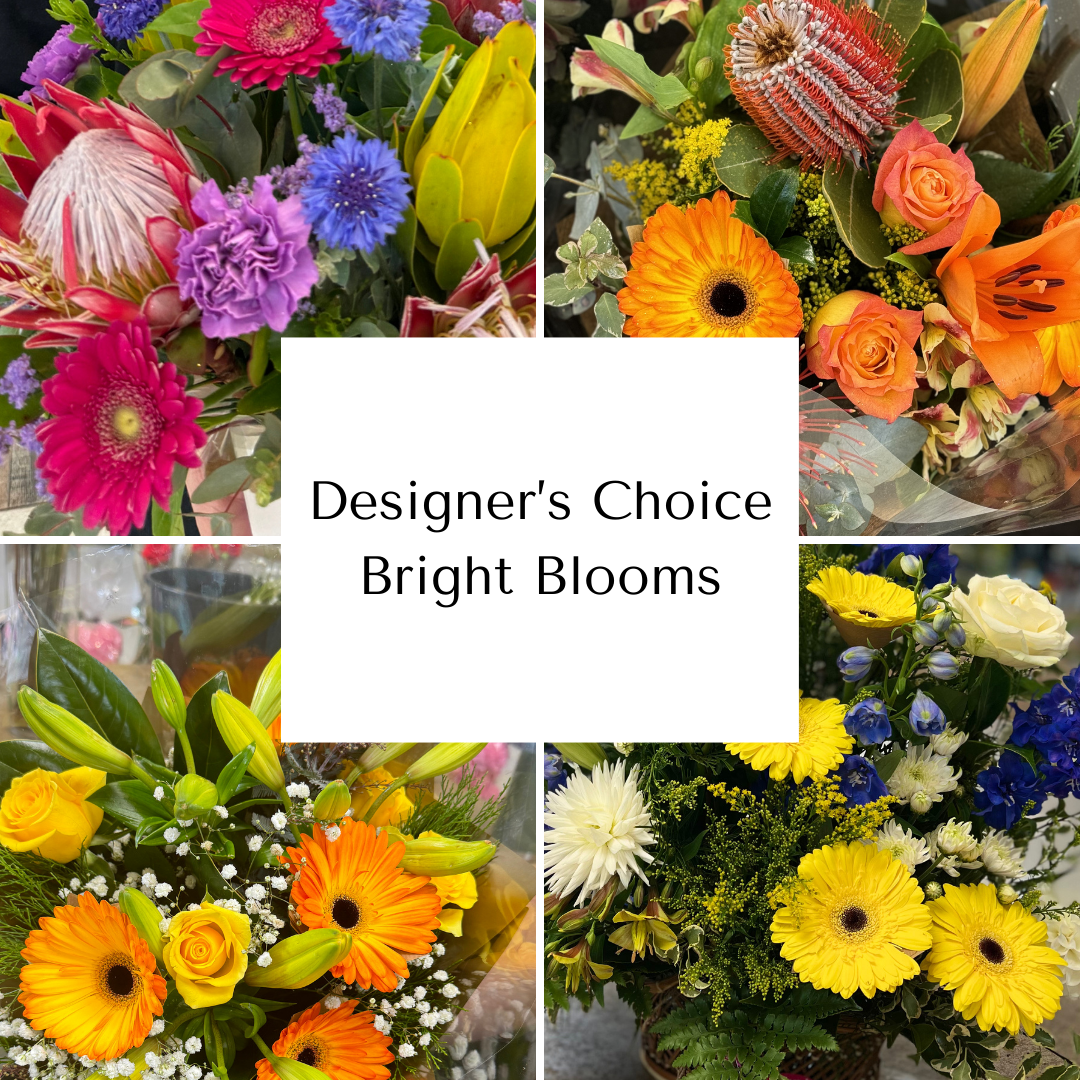A collage of four bouquets with bright flowers.