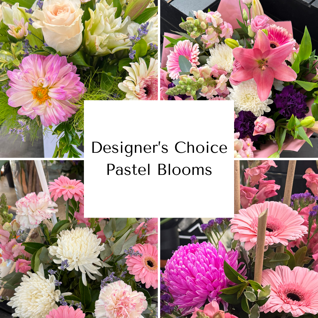 Four bouquets of pastel flowers labeled 