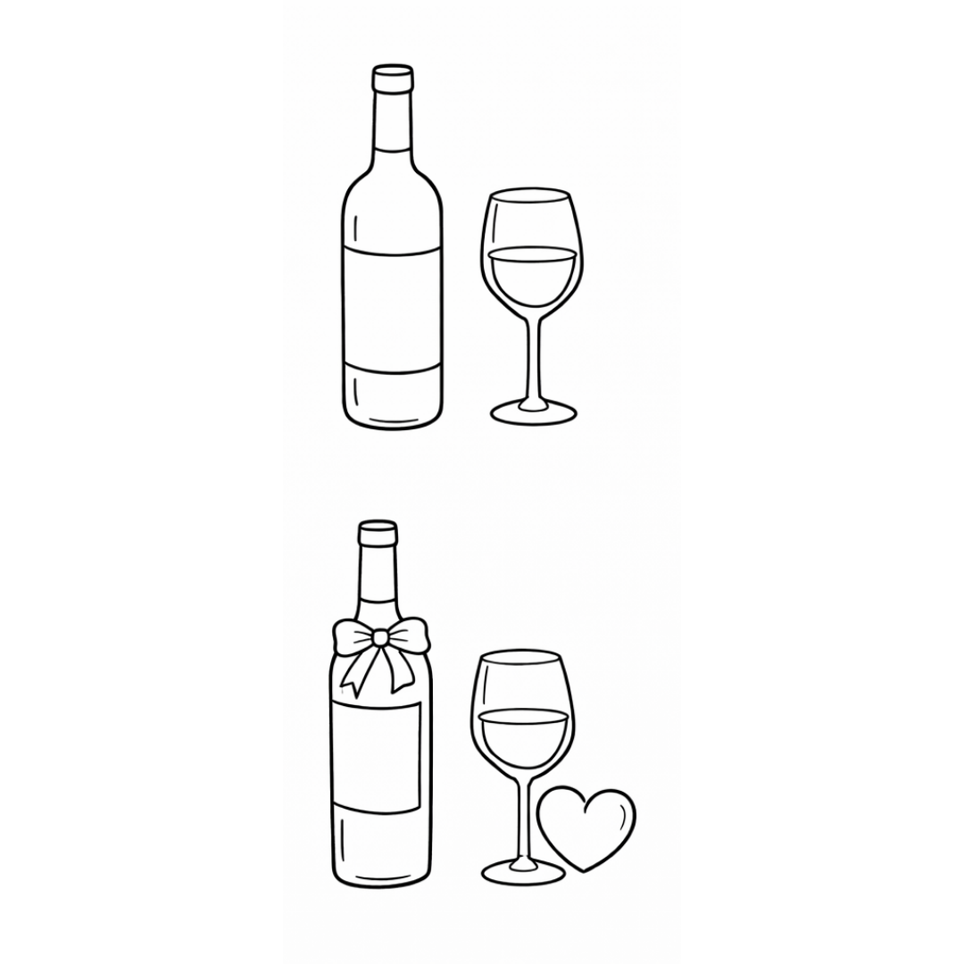 Two wine bottle and glass sets. The second with a ribbon on the bottle and a heart.