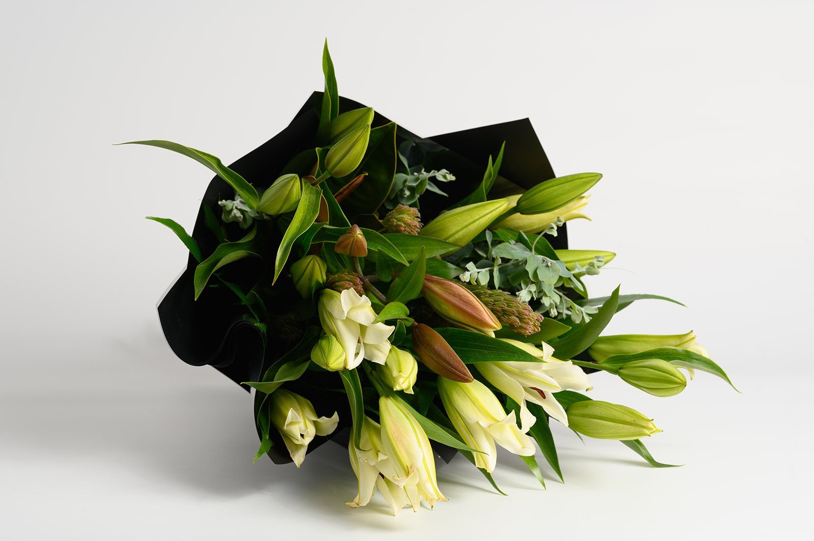 Bouquet of white and green lilies in black wrapping on a white surface.