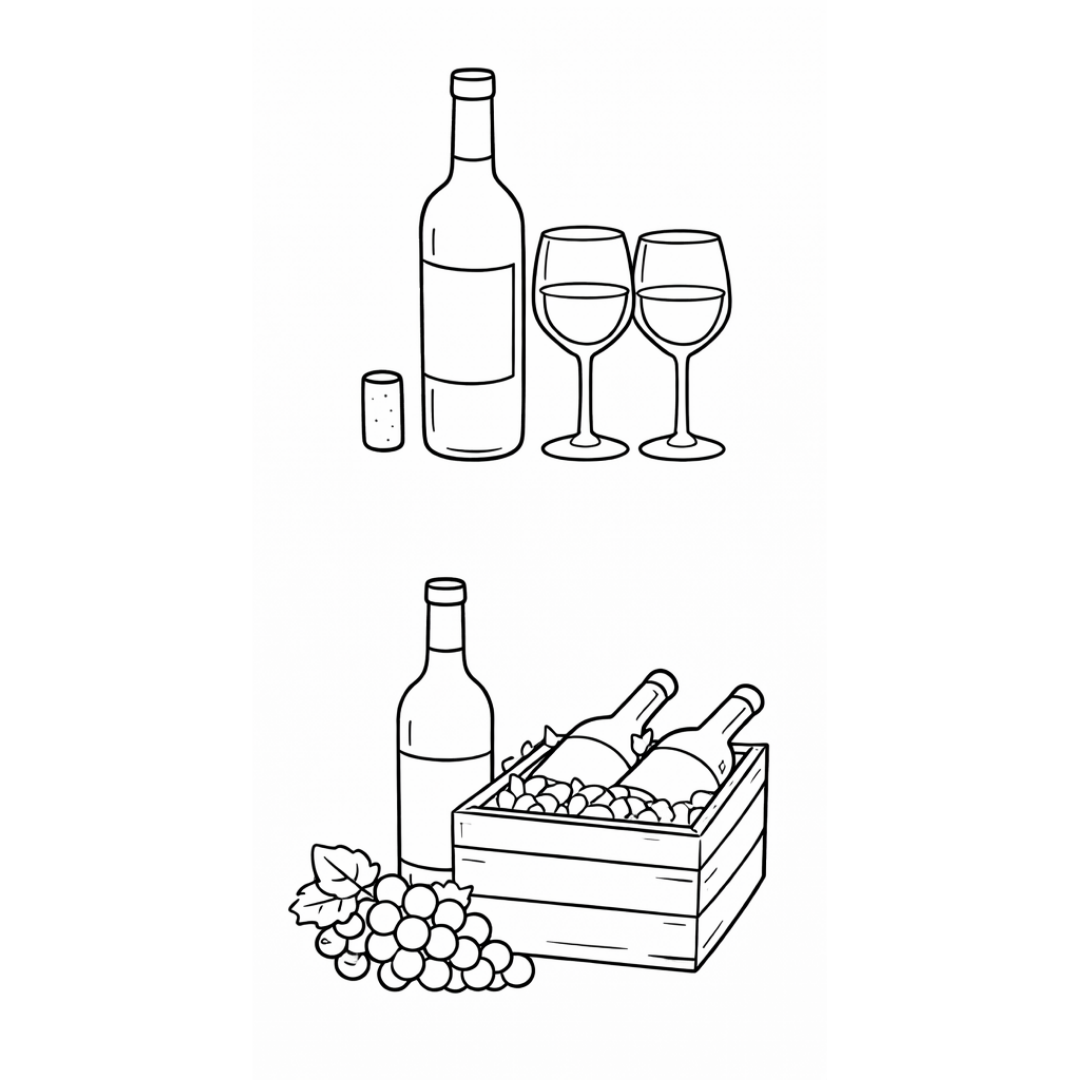 Top: wine bottle, two glasses, and cork. Bottom: wine bottles in a crate, grapes.