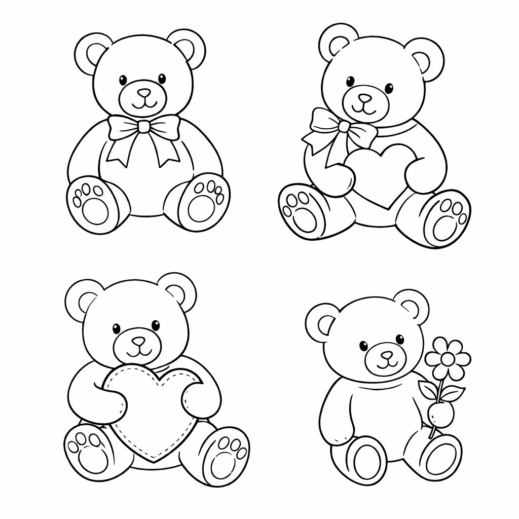 Four teddy bears with different accessories: bows, heart, and flower.