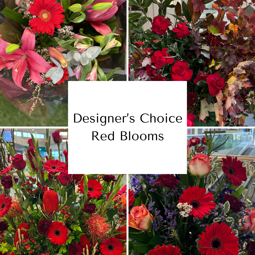 Four floral arrangements with red flowers labeled 