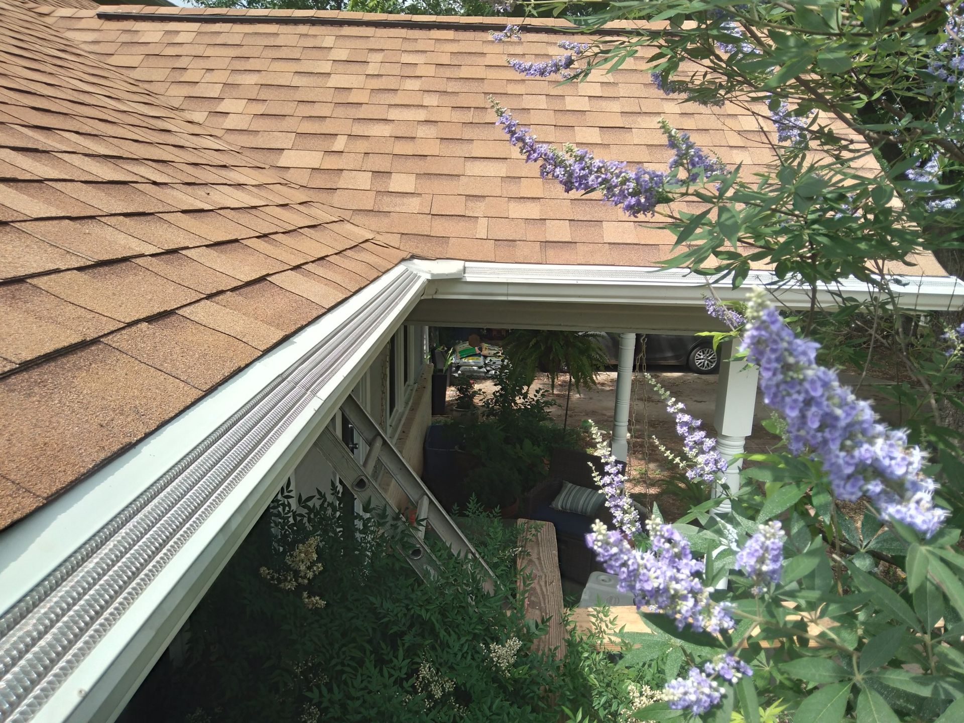 Brown shingled roof with a white gutter, blue flowers, and green foliage.