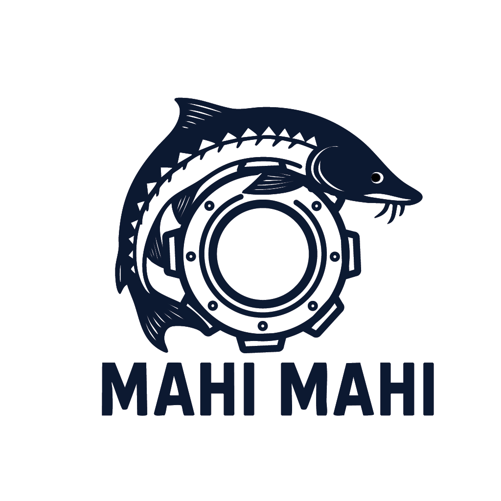A fish is jumping out of a gear shaped submarine port hole in a logo for mahi mahi.