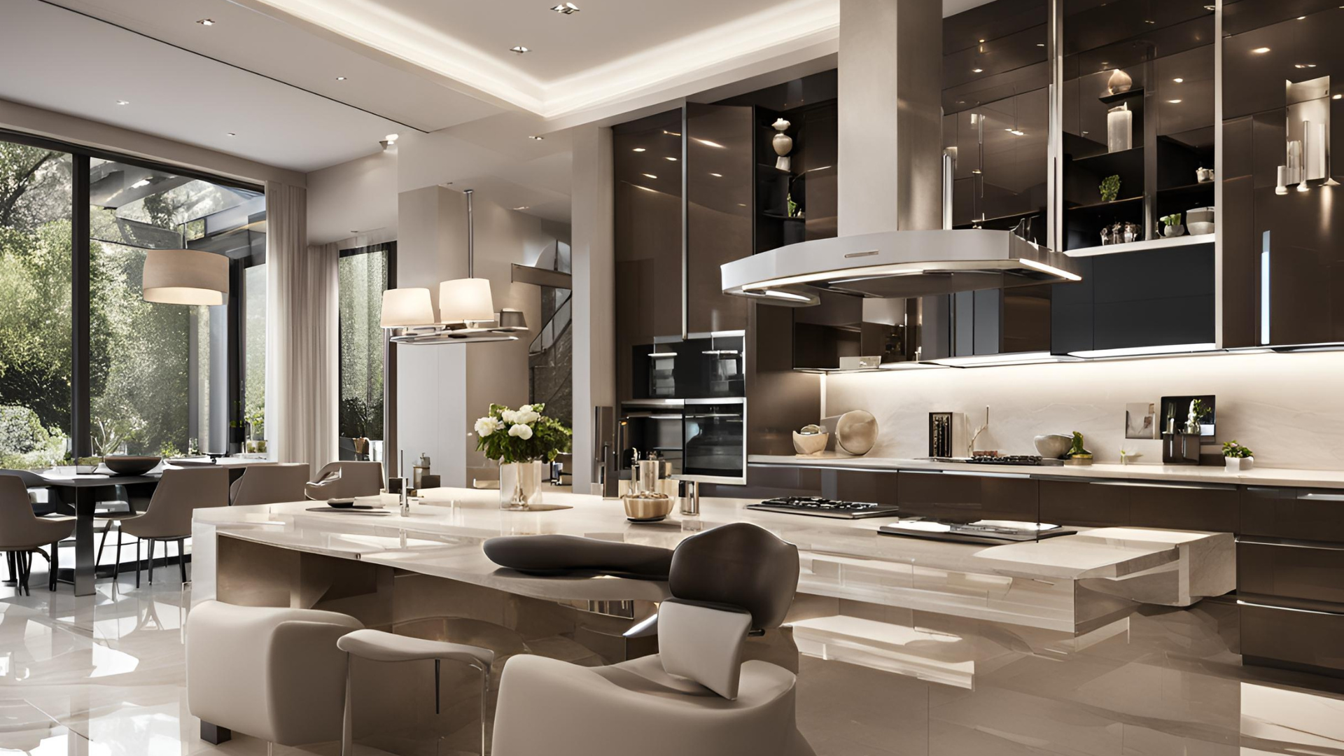 A modern kitchen with a large island in the middle of the room.